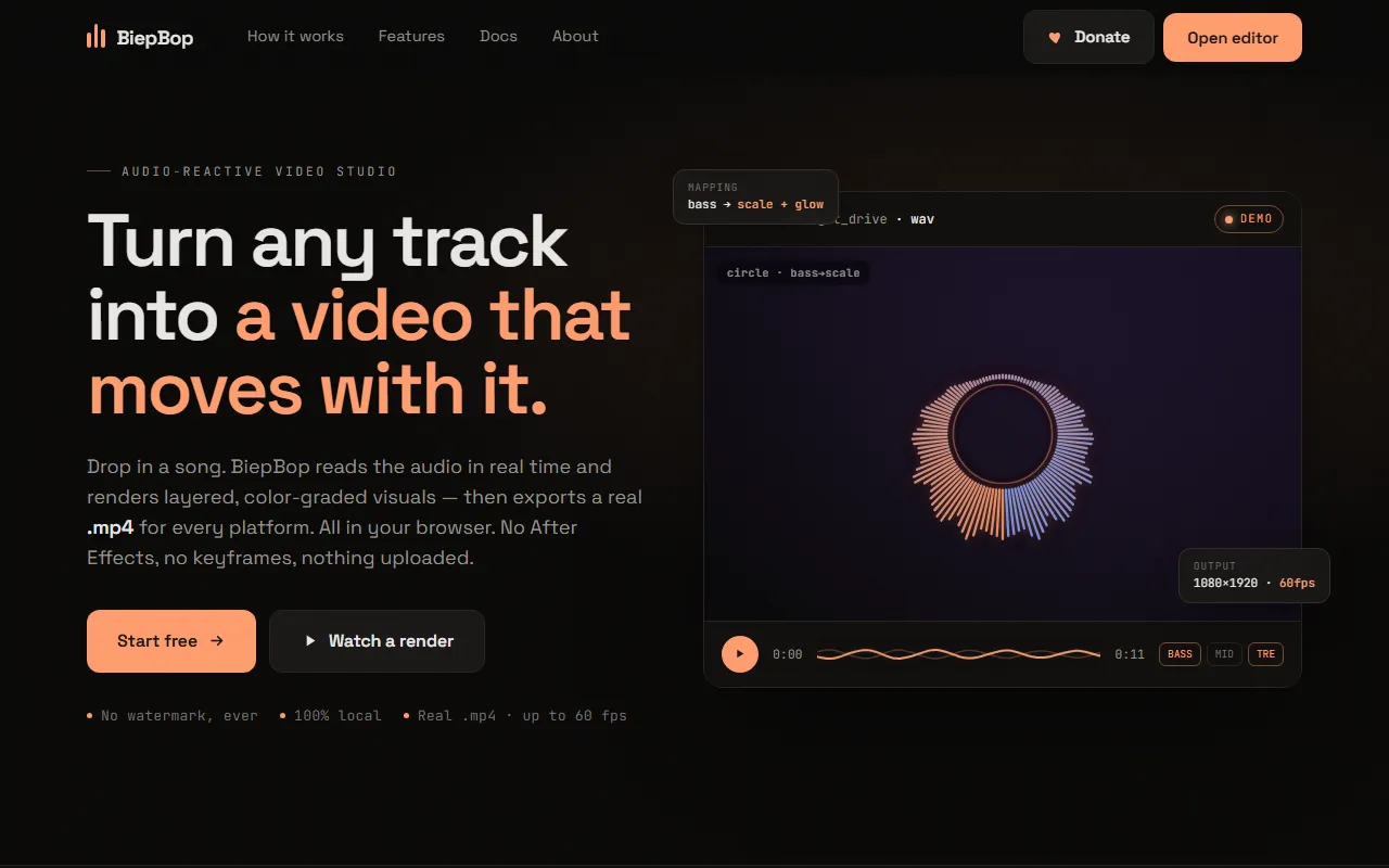 Screenshot of biepbop.nl — an audio-reactive video studio that turns tracks into visuals in the browser